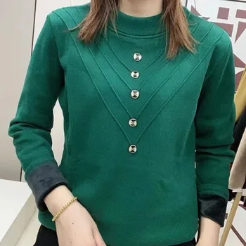 Женский пуловер, толстовки с пуговицами в стиле пэчворк, зимние модные топы с полувысоким вырезом и длинным рукавом для офисных леди