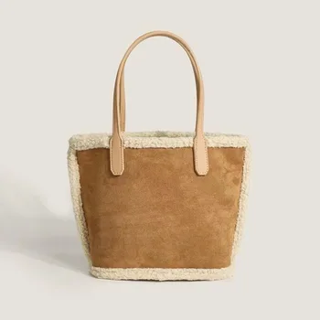 Замшевая матовая сумочка 2023, осенне-зимняя плюшевая сумка, большие вместительные сумки-тоут из ягненка, сумка-ведро из двух частей