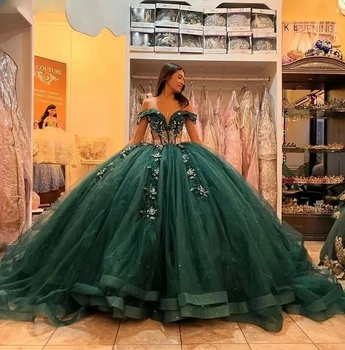 Зеленые пышные платья принцессы, бальное платье с открытыми плечами, тюлевые аппликации, милые 16 платьев, 15 мексиканских платьев.
