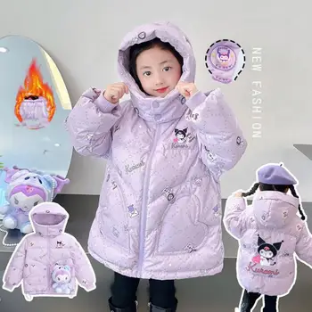 Зимняя пуховая куртка для девочек из аниме Sanrio Kuromi, Корейская версия Kawaii, детский плюшевый теплый шарф с капюшоном, креативный карман для любви