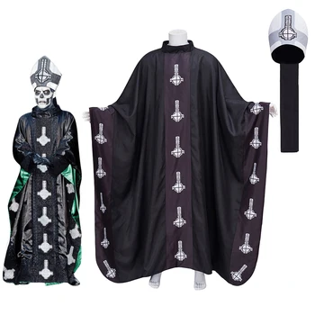 Карнавальный костюм фронтмена Papa Emeritus, Черная мантия со шляпой, набор перевернутых крестов, костюм с принтом на Хэллоуин, наряд для вечеринки