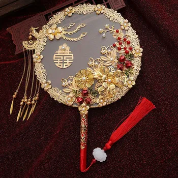 Китайские винтажные круглые веера, Веер из сплава в форме Феникса, Веер с кисточкой в виде золотого цветка, Прочный веер для свадебной группы невест