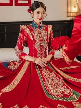 Китайское традиционное свадебное платье женское Чонсам Ципао Красные блестки Вышивка бисером кисточки Восточная одежда для тостов