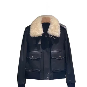 Кожаное пальто с лацканами, короткая приталенная версия, однотонный дизайн с двумя карманами, теплая и удобная осень /Зима 2023 г.