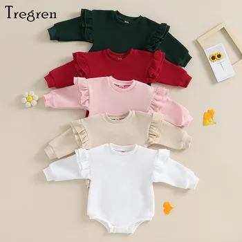 Комбинезон-толстовка для новорожденных девочек Tregren 0-18 м, однотонный комбинезон с круглым вырезом и длинными рукавами с оборками, одежда для малышей