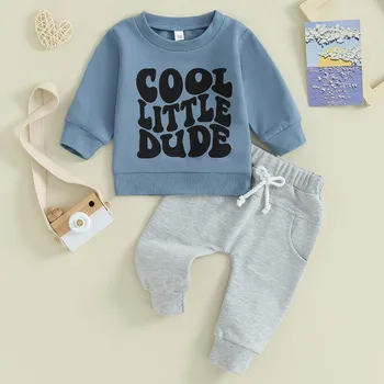 Комплекты брюк для маленьких мальчиков Весенне-осенняя одежда, толстовка с длинными рукавами и эластичными штанами с надписью, одежда для малышей