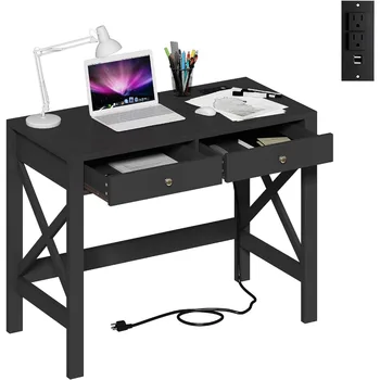 Компьютерный стол с USB-портами для зарядки и розетками питания, 39-дюймовый черный стол с выдвижными ящиками, Небольшой рабочий письменный стол офисная мебель