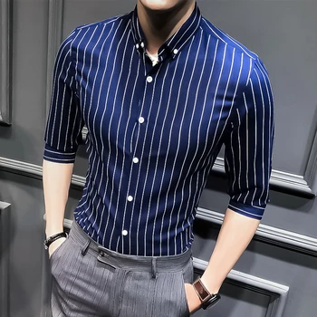 Корейская модная рубашка в полоску на три четверти, мужская одежда, модная приталенная домашняя сорочка
