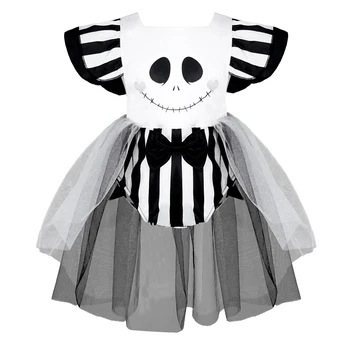 Костюм Призрака для новорожденных девочек, одежда для косплея на Хэллоуин, развевающиеся рукава, Сетчатый комбинезон с принтом черепа, вечернее платье