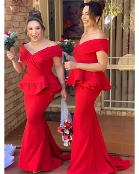 Красное Длинное Платье Подружки Невесты В стиле Русалки С Баской, Женское Вечернее Платье С Открытыми Плечами, Robe De Soiree De Mariage