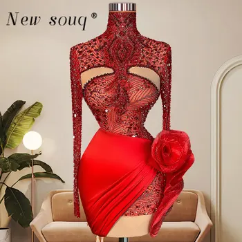 Красные блестки, короткие вечерние платья с высоким воротом и длинными рукавами, оборки в цветочек, летний выпускной вечер, Эффектные коктейльные платья в Африканском стиле