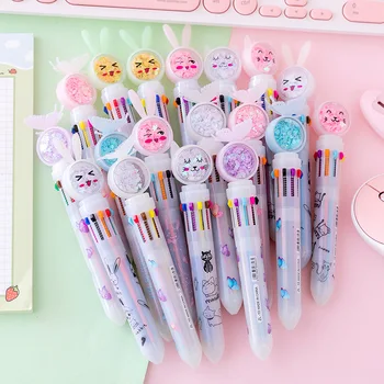 Креативная многоцветная шариковая ручка с кнопками, мультяшная 10-цветная масляная ручка с блестками, симпатичная студенческая шариковая ручка оптом, милые ручки