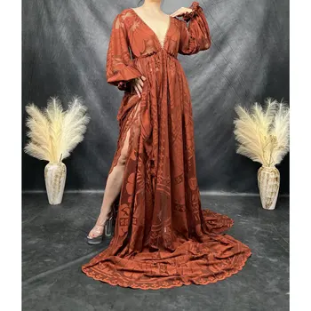 Кружевные платья для беременных Don & Judy для фотосессии, свободный V-образный вырез, Боковой разрез, платье для беременных, Рождественское вечернее платье