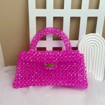 Летнее акриловое ткачество, усовершенствованная женская сумочка ручной работы, расшитая бисером, индивидуальные Ins Популярные сумки для женщин, розово-красная женская сумка