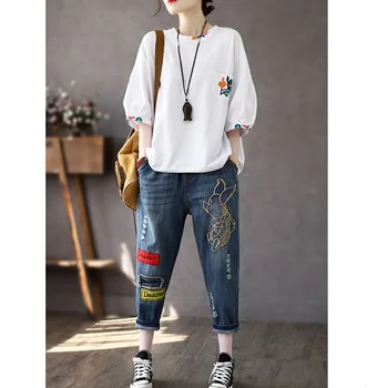 Летний винтажный вышитый карман с круглым вырезом в стиле пэчворк, свободный повседневный топ, вышитые джинсы Harlan с высокой талией, комплект из двух предметов.