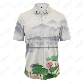 Летняя новая мужская рубашка, рисованный тушью пейзаж, мужская рубашка с 3D-принтом, повседневная мужская рубашка в стиле тренд, модная мужская рубашка