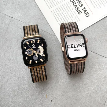 Металлический ремешок для Apple watch7 41-45 мм в полоску из нержавеющей стали с автоматической пряжкой, сетчатый ремешок, металлический браслет-защелка, ремешок для часов