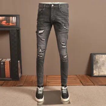Модная уличная одежда, мужские джинсы в стиле ретро, черные, серые, эластичные, облегающие рваные джинсы, мужские винтажные дизайнерские джинсовые брюки-карандаш Hombre