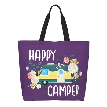 Модные сумки для покупок с цветочным принтом Happy Camper, переработка мультяшных продуктов для кемпинга на колесах, холщовая сумка для покупок, наплечная сумка для покупок