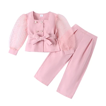 Модный комплект одежды из двух предметов для маленьких девочек, сетчатая блузка с длинным рукавом, топ с длинными брюками в тон, осенняя одежда