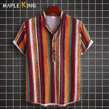 Мужская одежда Винтажная Льняная рубашка в полоску 2023 Летний стиль Camisa Hawaiana Hombre Блузки с коротким рукавом Мужская Повседневная уличная одежда