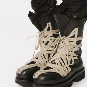Мужские ботинки с круглым носком, завязанные крест-накрест, из матовой кожи, на массивном каблуке, роскошная удобная обувь для мужчин, обувь для подиума, новый стиль, большой размер