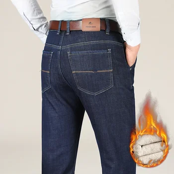 Мужские зимние джинсы Из качественной ткани, плотный теплый флис, с высокой талией, прямые свободные деловые повседневные брюки отца, брюки