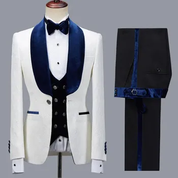 Мужские костюмы Темно-синий Бархатный смокинг с лацканами, комплект из 3 предметов, Однобортный для свадебного банкета, званого ужина, мужская одежда на заказ 2024