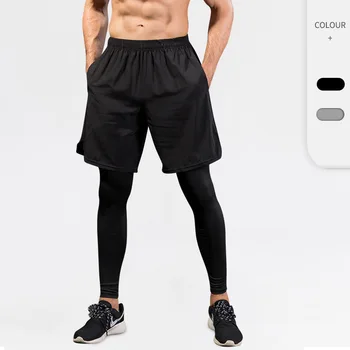 Мужские леггинсы, поддельные, состоящие из двух частей, для занятий фитнесом, для бега, повседневные эластичные быстросохнущие брюки