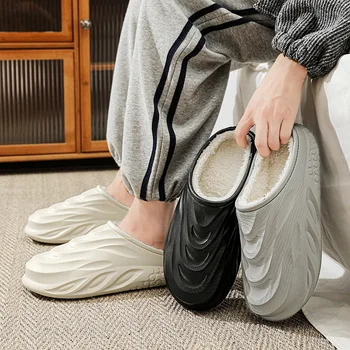 Мужские хлопчатобумажные тапочки, Новинка зимы, утолщенная водонепроницаемая противоскользящая мужская плюшевая обувь 2024 года, домашняя теплая обувь для пары на толстой подошве