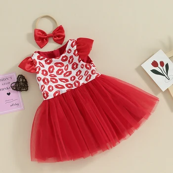Наряды на День Святого Валентина для маленьких девочек, Тюлевое платье с принтом Губ с коротким рукавом и повязкой на голову, Комплект одежды для малышей