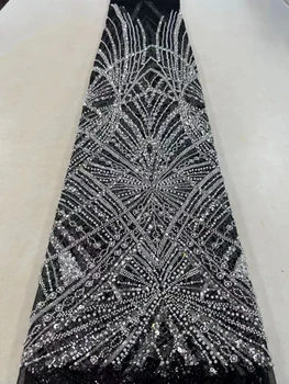 Новейшая тюлевая африканская кружевная ткань ручной работы из бисера 2023 года, высококачественная кружевная ткань с французскими блестками для свадебного шитья ZX