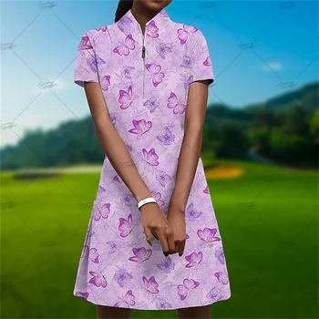 Новое женское осеннее платье для гольфа с принтом, удобное платье для фитнеса с коротким рукавом, повседневное короткое платье для занятий спортом на открытом воздухе
