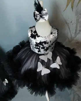 Новое черное платье для вечеринки в честь дня рождения для маленькой девочки со съемным шлейфом, украшенное 3D бабочкой и блестками, платье для девочки в цветочек, рождественское платье для выпускного вечера