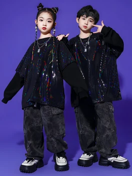 Новые танцевальные костюмы в стиле джаз-модерн для мальчиков, черные рубашки с блестками, брюки-карго, костюм для девочек, одежда для танцевальных выступлений в стиле хип-хоп DN16533