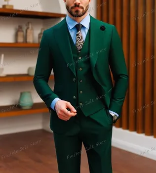 Новый темно-зеленый деловой костюм, мужские смокинги, жених, Шафер для свадебной вечеринки, официальный комплект из 3 предметов, куртка, жилет, брюки B47