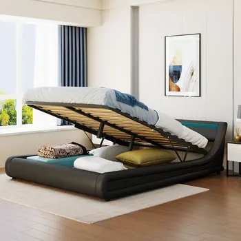 Обитая искусственной кожей кровать-платформа с гидравлической системой хранения со светодиодной подсветкой изголовье Каркас кровати с решетками размера Queen Size