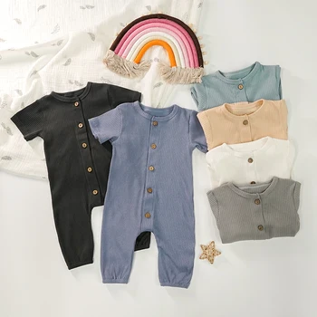 Одежда для маленьких мальчиков, комбинезон с короткими рукавами в рубчик для новорожденных, пижама для маленьких мальчиков, Новый модный комбинезон Унисекс, комбинезон на пуговицах, комбинезон