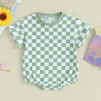 Одежда для новорожденных девочек, клетчатая футболка, пузырчатый комбинезон, летняя одежда большого размера с коротким рукавом