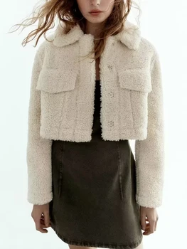 Осенне-зимнее новое модное теплое пальто из овечьего флиса с коротким воротником Поло и длинным рукавом
