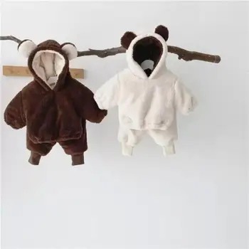 Осенне-зимний детский костюм с медведем и бархатными толстовками для мальчиков и девочек, однотонные флисовые толстые топы + брюки, комплект из 2 предметов, хлопковая толстовка для малышей