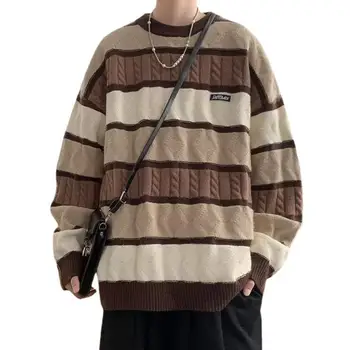 Осенне-зимний свитер в полоску контрастного цвета в стиле ретро для мужчин с круглым вырезом и длинным рукавом, свободного кроя, утолщенные повседневные пуловеры, топы