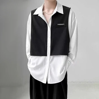 Осенние Черно-Белые Поддельные Рубашки-двойки Для Мужчин И Женщин 2023, Новые Американские Повседневные Модные Контрастные Простые Рубашки Унисекс