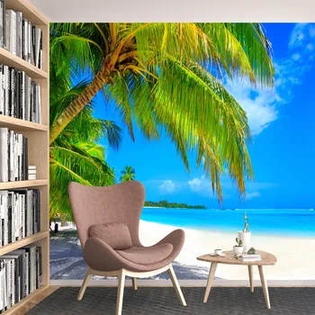 Отклейте и приклейте обои на заказ для гостиной Современный морской пейзаж, Пальмы, пляж, обои для улучшения стен, фрески для домашнего декора