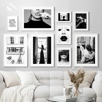Париж, черные губы, модная девушка, черно-белое фото, плакаты на скандинавскую тему и принты, настенное искусство, холст, картины для декора гостиной