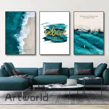 Пейзажная живопись с голубой океанской волной, современный вдохновляющий плакат, Настенная картина, холст, живопись для гостиной, домашний декор
