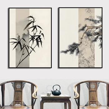 Плакат с цветочным рисунком в китайском стиле, бамбук, сосна, настенное искусство, Ветка дерева, холст, живопись, принты, картины для декора гостиной, фрески