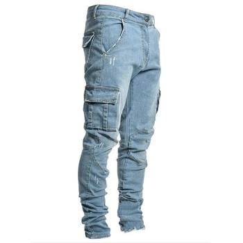 Повседневные модные джинсы-карго со средней талией и множеством карманов, джинсовые длинные брюки свободного кроя, мужские модные прямые джинсы из денима