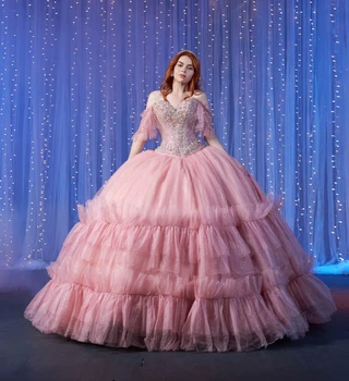 Розовые пышные платья принцессы Бальное платье с открытыми плечами Многоуровневые Кристаллы Sweet 16 Платьев 15 Años Мексиканское