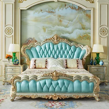 Роскошная Европейская кожаная спальня цвета Шампанского, золото, 1,8 м, Двуспальная свадебная кровать высокого класса Princess French Villa Set Bed